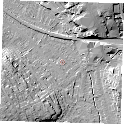 Shaded relief map of the ground around BR20QZ, computed from Environment Agency LiDAR. The ground here sits at about 43 m above sea level and falls 27 m across the surrounding 800 m. Surface water reaching this point runs off ground lying to the south-west, 21.1 m higher.
