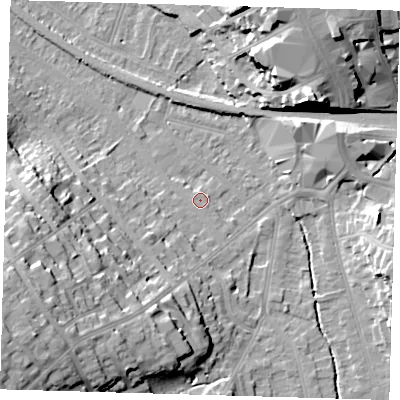 Shaded relief map of the ground around BR20SB, computed from Environment Agency LiDAR. The ground here sits at about 43 m above sea level and falls 28 m across the surrounding 800 m. Surface water reaching this point runs off ground lying to the south-west, 24.0 m higher.