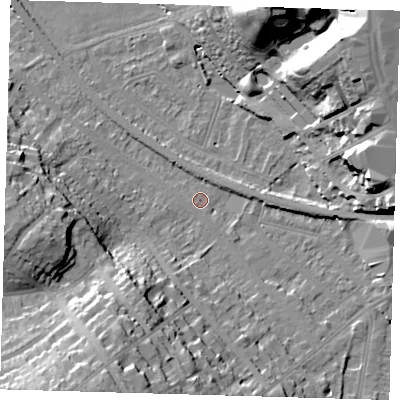 Shaded relief map of the ground around BR20SD, computed from Environment Agency LiDAR. The ground here sits at about 41 m above sea level and falls 28 m across the surrounding 800 m. Surface water reaching this point runs off ground lying to the south-south-east, 11.5 m higher.