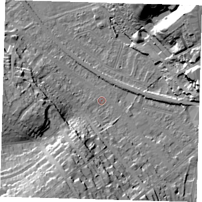 Shaded relief map of the ground around BR20SE, computed from Environment Agency LiDAR. The ground here sits at about 41 m above sea level and falls 29 m across the surrounding 800 m. Surface water reaching this point runs off ground lying to the south-south-west, 24.5 m higher.