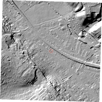 Shaded relief map of the ground around BR20SF, computed from Environment Agency LiDAR. The ground here sits at about 40 m above sea level and falls 29 m across the surrounding 800 m. Surface water reaching this point runs off ground lying to the west-south-west, 23.8 m higher.