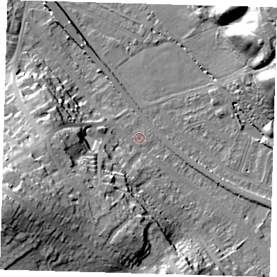 Shaded relief map of the ground around BR20TL, computed from Environment Agency LiDAR. The ground here sits at about 41 m above sea level and falls 33 m across the surrounding 800 m. Surface water reaching this point runs off ground lying to the south-west, 20.5 m higher.