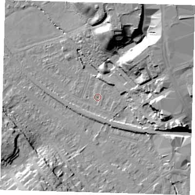 Shaded relief map of the ground around BR20XP, computed from Environment Agency LiDAR. The ground here sits at about 40 m above sea level and falls 29 m across the surrounding 800 m. Surface water reaching this point runs off ground lying to the east-south-east, 1.0 m higher.