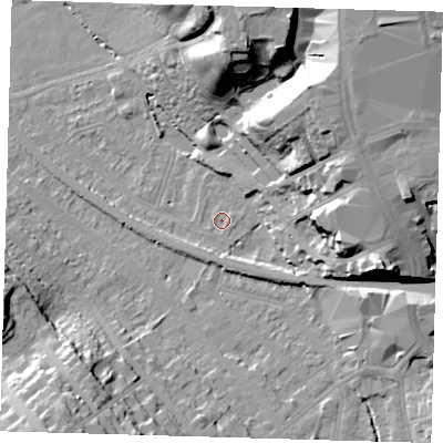 Shaded relief map of the ground around BR20XR, computed from Environment Agency LiDAR. The ground here sits at about 41 m above sea level and falls 29 m across the surrounding 800 m. Surface water reaching this point runs off ground lying to the east-north-east, 21.3 m higher.