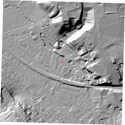 Shaded relief map of the ground around BR20XZ, computed from Environment Agency LiDAR. The ground here sits at about 41 m above sea level and falls 30 m across the surrounding 800 m. Surface water reaching this point runs off ground lying to the east-north-east, 21.7 m higher.