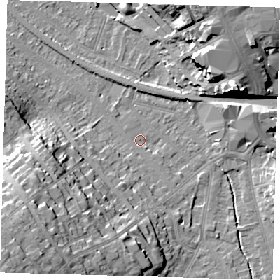 Shaded relief map of the ground around BR20YG, computed from Environment Agency LiDAR. The ground here sits at about 42 m above sea level and falls 30 m across the surrounding 800 m. Surface water reaching this point runs off ground lying to the south-west, 23.0 m higher.