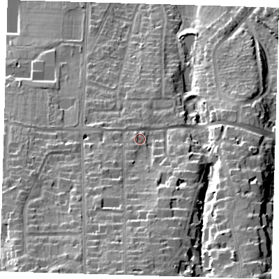 Shaded relief map of the ground around BR26EH, computed from Environment Agency LiDAR. The ground here sits at about 100 m above sea level and falls 31 m across the surrounding 800 m. Surface water reaching this point runs off ground lying to the south, 16.1 m higher.