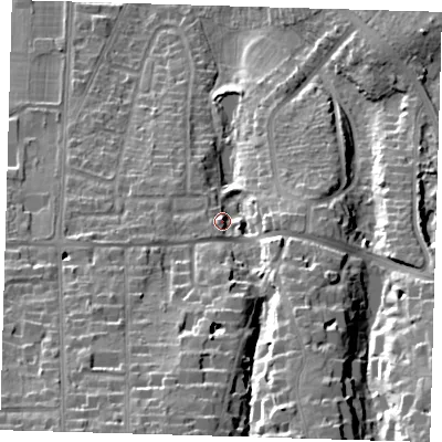 Shaded relief map of the ground around BR26EJ, computed from Environment Agency LiDAR. The ground here sits at about 98 m above sea level and falls 32 m across the surrounding 800 m. Surface water reaching this point runs off ground lying to the south-south-west, 20.1 m higher.