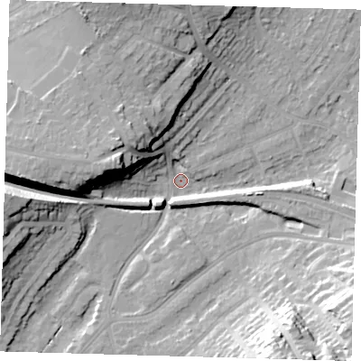 Shaded relief map of the ground around BR27HJ, computed from Environment Agency LiDAR. The ground here sits at about 58 m above sea level and falls 27 m across the surrounding 800 m. Surface water reaching this point runs off ground lying to the south-south-east, 25.5 m higher.
