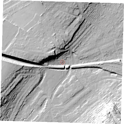 Shaded relief map of the ground around BR27HL, computed from Environment Agency LiDAR. The ground here sits at about 60 m above sea level and falls 28 m across the surrounding 800 m. Surface water reaching this point runs off ground lying to the west-north-west, 17.5 m higher.