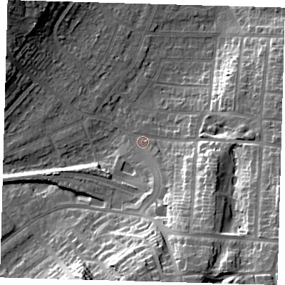 Shaded relief map of the ground around BR27JE, computed from Environment Agency LiDAR. The ground here sits at about 58 m above sea level and falls 28 m across the surrounding 800 m. Surface water reaching this point runs off ground lying to the south-east, 23.9 m higher.