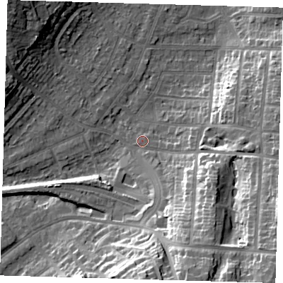 Shaded relief map of the ground around BR27JF, computed from Environment Agency LiDAR. The ground here sits at about 57 m above sea level and falls 27 m across the surrounding 800 m. Surface water reaching this point runs off ground lying to the south-south-east, 23.0 m higher.