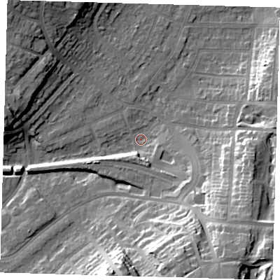 Shaded relief map of the ground around BR27JG, computed from Environment Agency LiDAR. The ground here sits at about 57 m above sea level and falls 29 m across the surrounding 800 m. Surface water reaching this point runs off ground lying to the south-south-east, 25.7 m higher.
