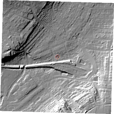 Shaded relief map of the ground around BR27JH, computed from Environment Agency LiDAR. The ground here sits at about 57 m above sea level and falls 29 m across the surrounding 800 m. Surface water reaching this point runs off ground lying to the south-south-east, 25.8 m higher.