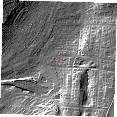 Shaded relief map of the ground around BR27JR, computed from Environment Agency LiDAR. The ground here sits at about 56 m above sea level and falls 26 m across the surrounding 800 m. Surface water reaching this point runs off ground lying to the east-south-east, 14.2 m higher.
