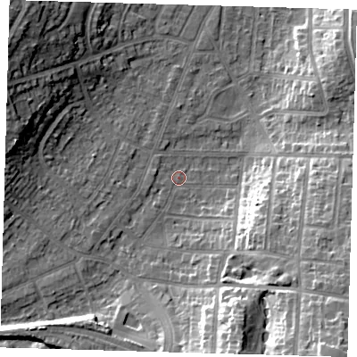 Shaded relief map of the ground around BR27JS, computed from Environment Agency LiDAR. The ground here sits at about 55 m above sea level and falls 23 m across the surrounding 800 m. Surface water reaching this point runs off ground lying to the south-east, 19.9 m higher.