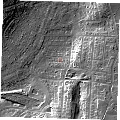 Shaded relief map of the ground around BR27JU, computed from Environment Agency LiDAR. The ground here sits at about 57 m above sea level and falls 25 m across the surrounding 800 m. Surface water reaching this point runs off ground lying to the east-south-east, 12.7 m higher.