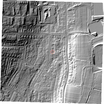 Shaded relief map of the ground around BR27LU, computed from Environment Agency LiDAR. The ground here sits at about 50 m above sea level and falls 19 m across the surrounding 800 m. Surface water reaching this point runs off ground lying to the west, 12.8 m higher.