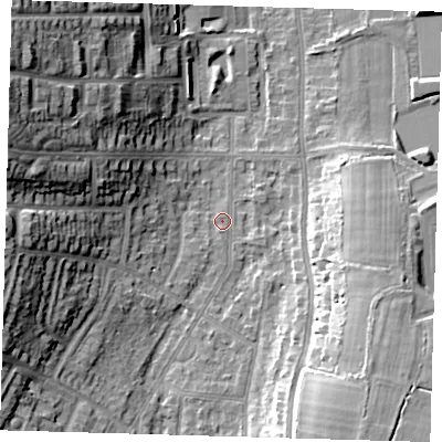 Shaded relief map of the ground around BR27LX, computed from Environment Agency LiDAR. The ground here sits at about 50 m above sea level and falls 20 m across the surrounding 800 m. Surface water reaching this point runs off ground lying to the west, 14.8 m higher.