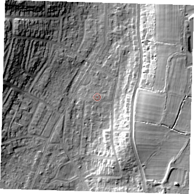 Shaded relief map of the ground around BR27ND, computed from Environment Agency LiDAR. The ground here sits at about 52 m above sea level and falls 18 m across the surrounding 800 m. Surface water reaching this point runs off ground lying to the east, 0.6 m higher.
