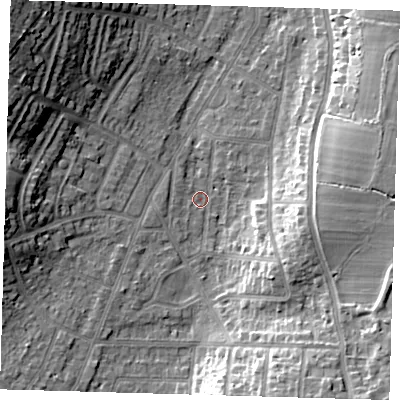 Shaded relief map of the ground around BR27NE, computed from Environment Agency LiDAR. The ground here sits at about 52 m above sea level and falls 19 m across the surrounding 800 m. Surface water reaching this point runs off ground lying to the south-east, 13.9 m higher.