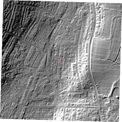 Shaded relief map of the ground around BR27NF, computed from Environment Agency LiDAR. The ground here sits at about 52 m above sea level and falls 17 m across the surrounding 800 m. Surface water reaching this point runs off ground lying to the south-east, 14.0 m higher.