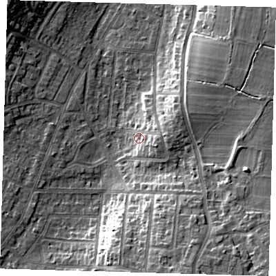 Shaded relief map of the ground around BR27NJ, computed from Environment Agency LiDAR. The ground here sits at about 56 m above sea level and falls 18 m across the surrounding 800 m. Surface water reaching this point runs off ground lying to the east, 5.8 m higher.