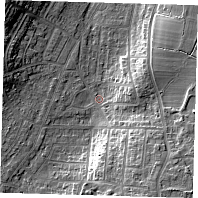 Shaded relief map of the ground around BR27NL, computed from Environment Agency LiDAR. The ground here sits at about 53 m above sea level and falls 19 m across the surrounding 800 m. Surface water reaching this point runs off ground lying to the south-south-east, 16.6 m higher.