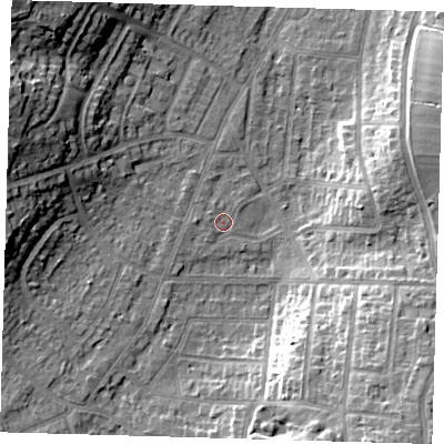 Shaded relief map of the ground around BR27NP, computed from Environment Agency LiDAR. The ground here sits at about 54 m above sea level and falls 20 m across the surrounding 800 m. Surface water reaching this point runs off ground lying to the west, 1.4 m higher.