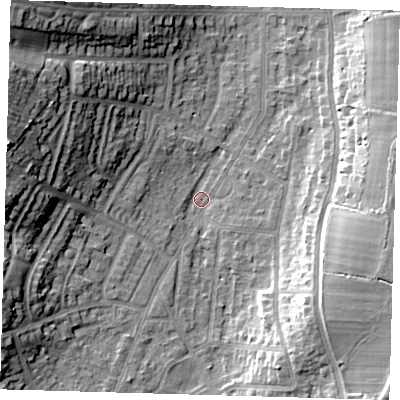 Shaded relief map of the ground around BR27NY, computed from Environment Agency LiDAR. The ground here sits at about 51 m above sea level and falls 22 m across the surrounding 800 m. Surface water reaching this point runs off ground lying to the west-north-west, 19.6 m higher.