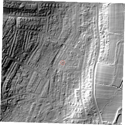 Shaded relief map of the ground around BR27NZ, computed from Environment Agency LiDAR. The ground here sits at about 52 m above sea level and falls 21 m across the surrounding 800 m. Surface water reaching this point runs off ground lying to the west-north-west, 16.0 m higher.