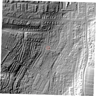 Shaded relief map of the ground around BR27PX, computed from Environment Agency LiDAR. The ground here sits at about 53 m above sea level and falls 27 m across the surrounding 800 m. Surface water reaching this point runs off ground lying to the west-north-west, 12.3 m higher.