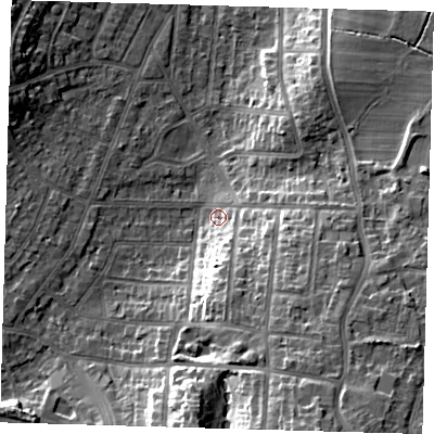 Shaded relief map of the ground around BR27QB, computed from Environment Agency LiDAR. The ground here sits at about 55 m above sea level and falls 23 m across the surrounding 800 m. Surface water reaching this point runs off ground lying to the south-south-east, 16.0 m higher.