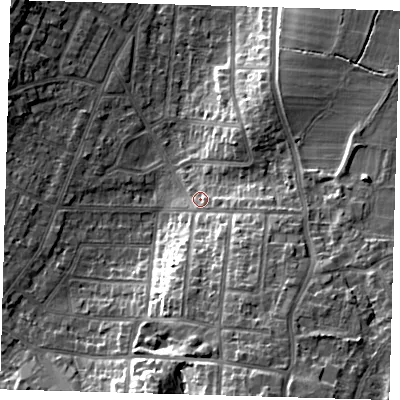 Shaded relief map of the ground around BR27QD, computed from Environment Agency LiDAR. The ground here sits at about 57 m above sea level and falls 21 m across the surrounding 800 m. Surface water reaching this point runs off ground lying to the south-south-east, 12.7 m higher.