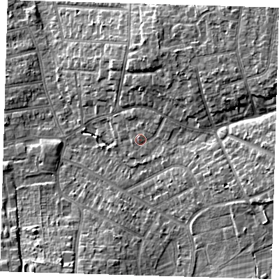 Shaded relief map of the ground around BR28AJ, computed from Environment Agency LiDAR. The ground here sits at about 62 m above sea level and falls 12 m across the surrounding 800 m. Surface water reaching this point runs off ground lying to the north-east, 4.4 m higher.