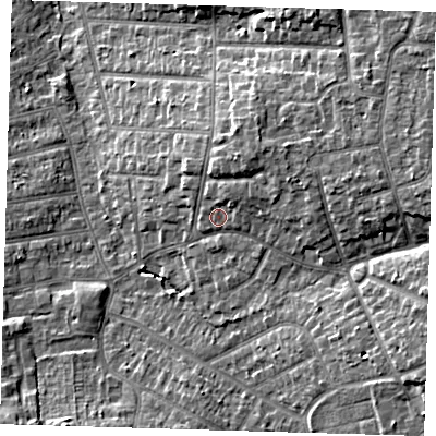 Shaded relief map of the ground around BR28AP, computed from Environment Agency LiDAR. The ground here sits at about 63 m above sea level and falls 12 m across the surrounding 800 m. Surface water reaching this point runs off ground lying to the north-east, 2.7 m higher.