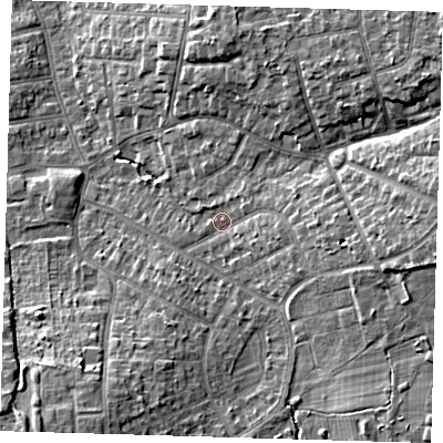 Shaded relief map of the ground around BR28EN, computed from Environment Agency LiDAR. The ground here sits at about 61 m above sea level and falls 12 m across the surrounding 800 m. Surface water reaching this point runs off ground lying to the east, 8.3 m higher.