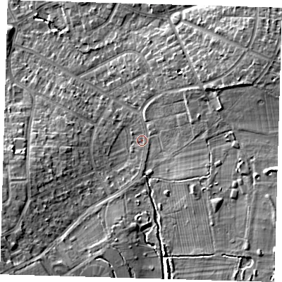 Shaded relief map of the ground around BR28ER, computed from Environment Agency LiDAR. The ground here sits at about 62 m above sea level and falls 12 m across the surrounding 800 m. Surface water reaching this point runs off ground lying to the east-north-east, 7.2 m higher.
