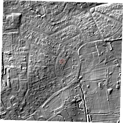 Shaded relief map of the ground around BR28EU, computed from Environment Agency LiDAR. The ground here sits at about 63 m above sea level and falls 15 m across the surrounding 800 m. Surface water reaching this point runs off ground lying to the west-south-west, 0.8 m higher.