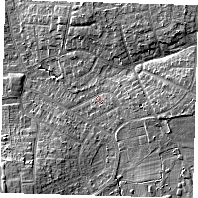 Shaded relief map of the ground around BR28EW, computed from Environment Agency LiDAR. The ground here sits at about 63 m above sea level and falls 12 m across the surrounding 800 m. Surface water reaching this point runs off ground lying to the east, 4.7 m higher.