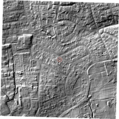 Shaded relief map of the ground around BR28EY, computed from Environment Agency LiDAR. The ground here sits at about 61 m above sea level and falls 13 m across the surrounding 800 m. Surface water reaching this point runs off ground lying to the south-south-west, 8.6 m higher.