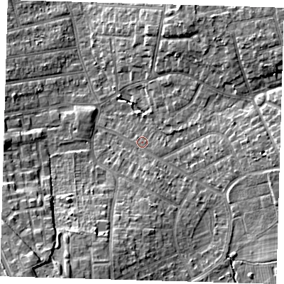 Shaded relief map of the ground around BR28EZ, computed from Environment Agency LiDAR. The ground here sits at about 61 m above sea level and falls 13 m across the surrounding 800 m. Surface water reaching this point runs off ground lying to the south-south-east, 2.3 m higher.
