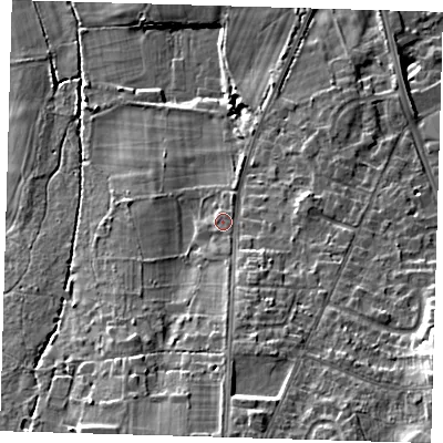 Shaded relief map of the ground around BR28HG, computed from Environment Agency LiDAR. The ground here sits at about 76 m above sea level and falls 20 m across the surrounding 800 m. Surface water reaching this point runs off ground lying to the south, 7.2 m higher.