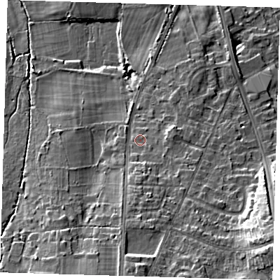 Shaded relief map of the ground around BR28HQ, computed from Environment Agency LiDAR. The ground here sits at about 76 m above sea level and falls 23 m across the surrounding 800 m. Surface water reaching this point runs off ground lying to the south, 3.8 m higher.