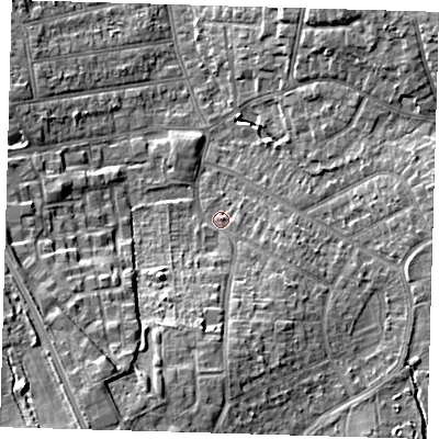 Shaded relief map of the ground around BR28JA, computed from Environment Agency LiDAR. The ground here sits at about 61 m above sea level and falls 13 m across the surrounding 800 m. Surface water reaching this point runs off ground lying to the south, 7.0 m higher.