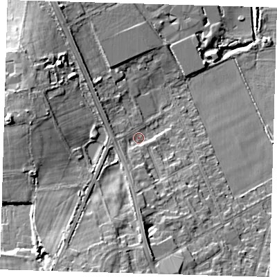 Shaded relief map of the ground around BR28LA, computed from Environment Agency LiDAR. The ground here sits at about 68 m above sea level and falls 13 m across the surrounding 800 m. Surface water reaching this point runs off ground lying to the south-south-west, 7.8 m higher.