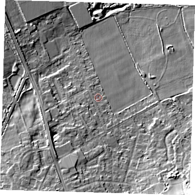 Shaded relief map of the ground around BR28LE, computed from Environment Agency LiDAR. The ground here sits at about 69 m above sea level and falls 16 m across the surrounding 800 m. Surface water reaching this point runs off ground lying to the south-south-west, 6.6 m higher.