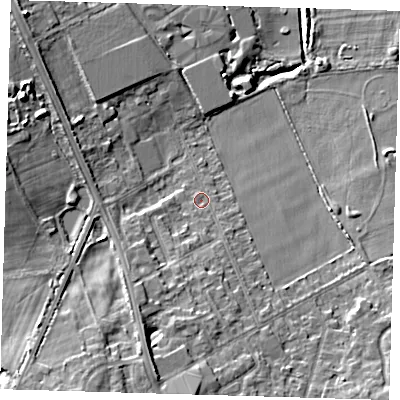 Shaded relief map of the ground around BR28LF, computed from Environment Agency LiDAR. The ground here sits at about 68 m above sea level and falls 12 m across the surrounding 800 m. Surface water reaching this point runs off ground lying to the south-south-west, 7.5 m higher.