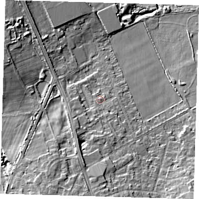 Shaded relief map of the ground around BR28LG, computed from Environment Agency LiDAR. The ground here sits at about 69 m above sea level and falls 13 m across the surrounding 800 m. Surface water reaching this point runs off ground lying to the south-south-west, 5.5 m higher.