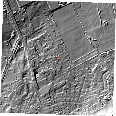 Shaded relief map of the ground around BR28LH, computed from Environment Agency LiDAR. The ground here sits at about 70 m above sea level and falls 19 m across the surrounding 800 m. Surface water reaching this point runs off ground lying to the south-south-west, 7.2 m higher.